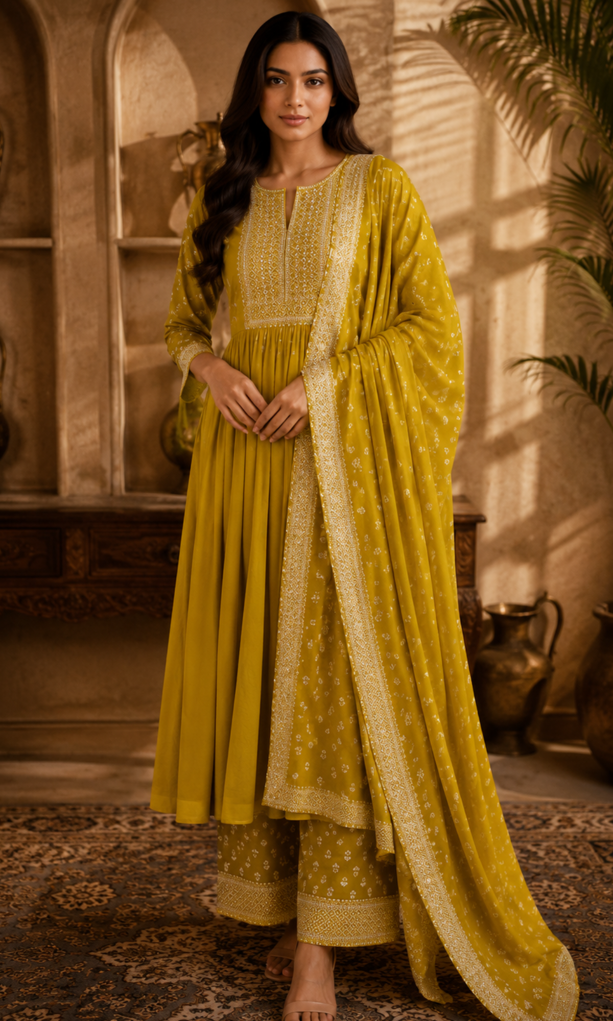 Mustard Printed Anarkali Kurta Set