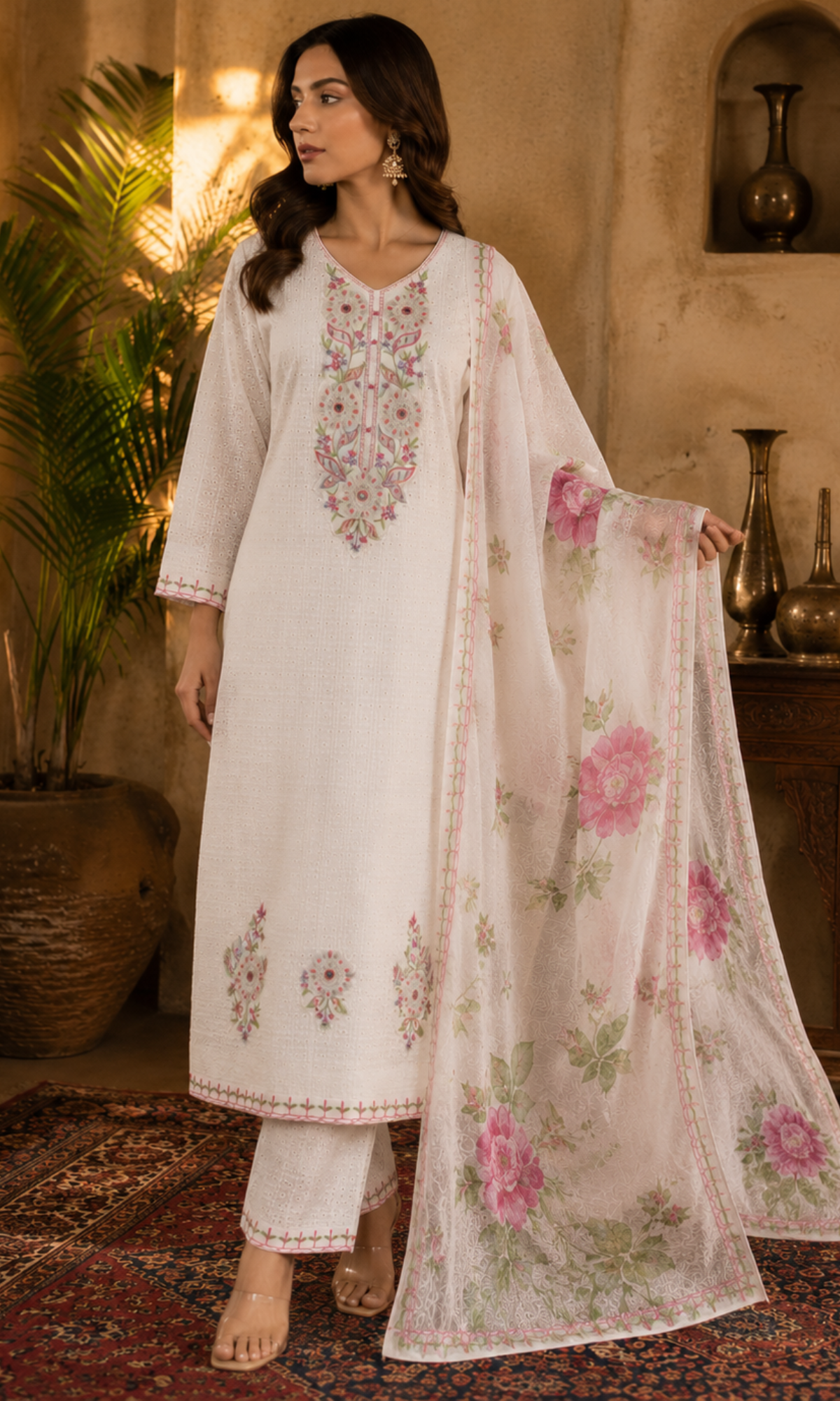 Ivory Floral Embroidery Kurta Set