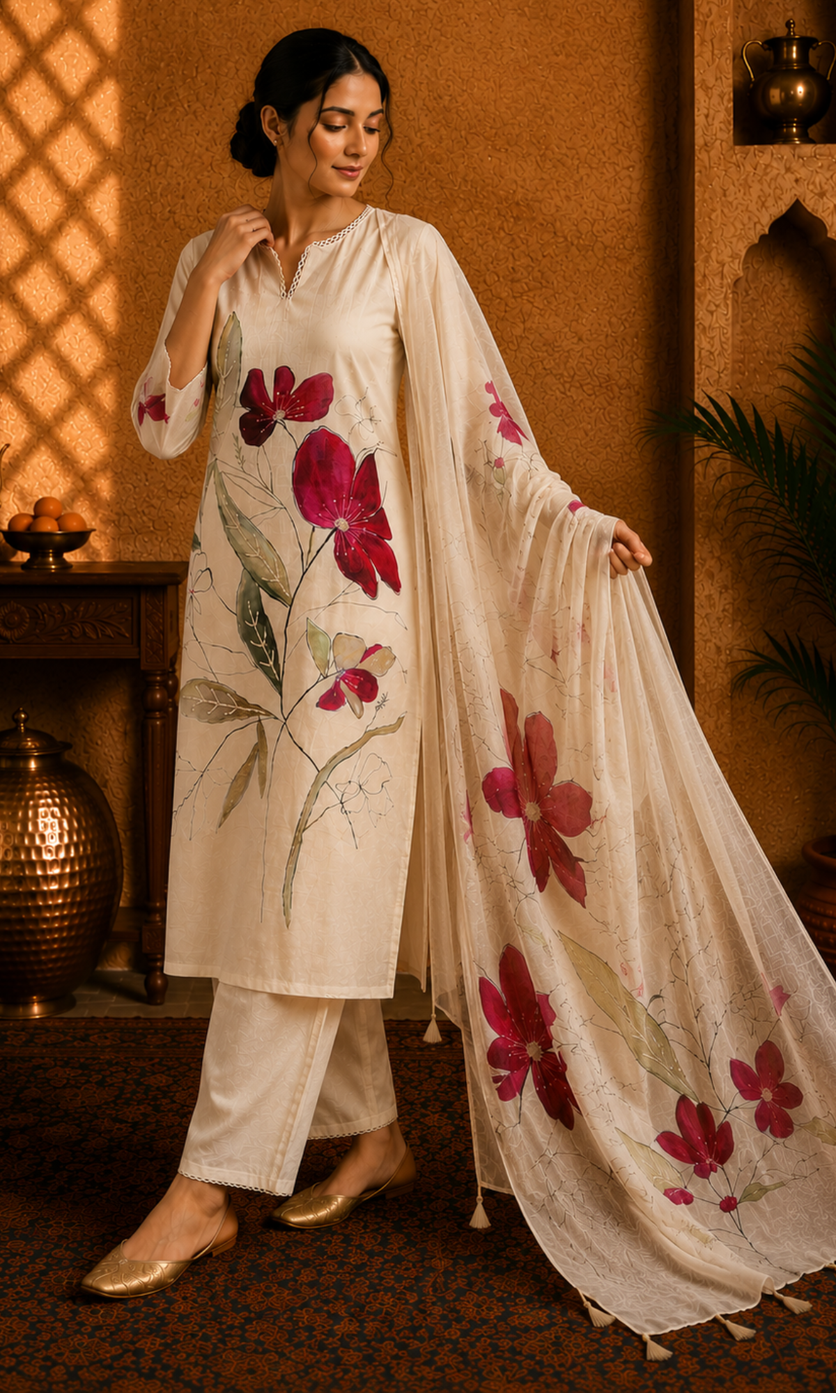 Ivory Crimson Bloom Suit Set