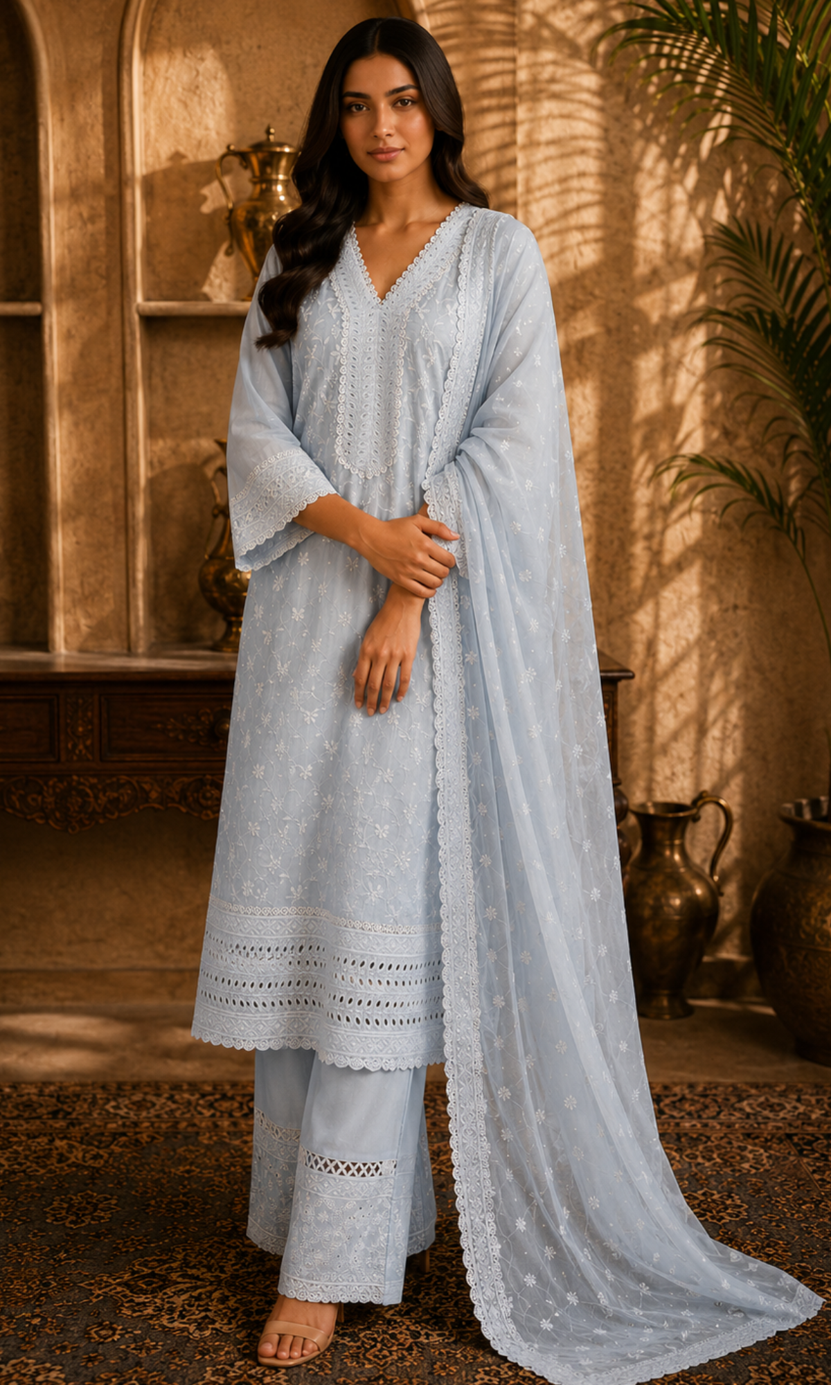 Powder Blue Floral Embroidery Kurta Set