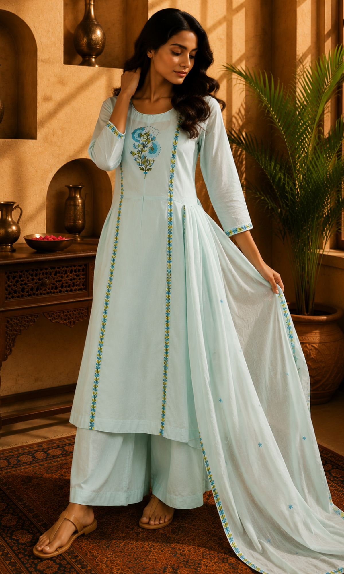 Sky Blue Embroidered Floral Kurta Set