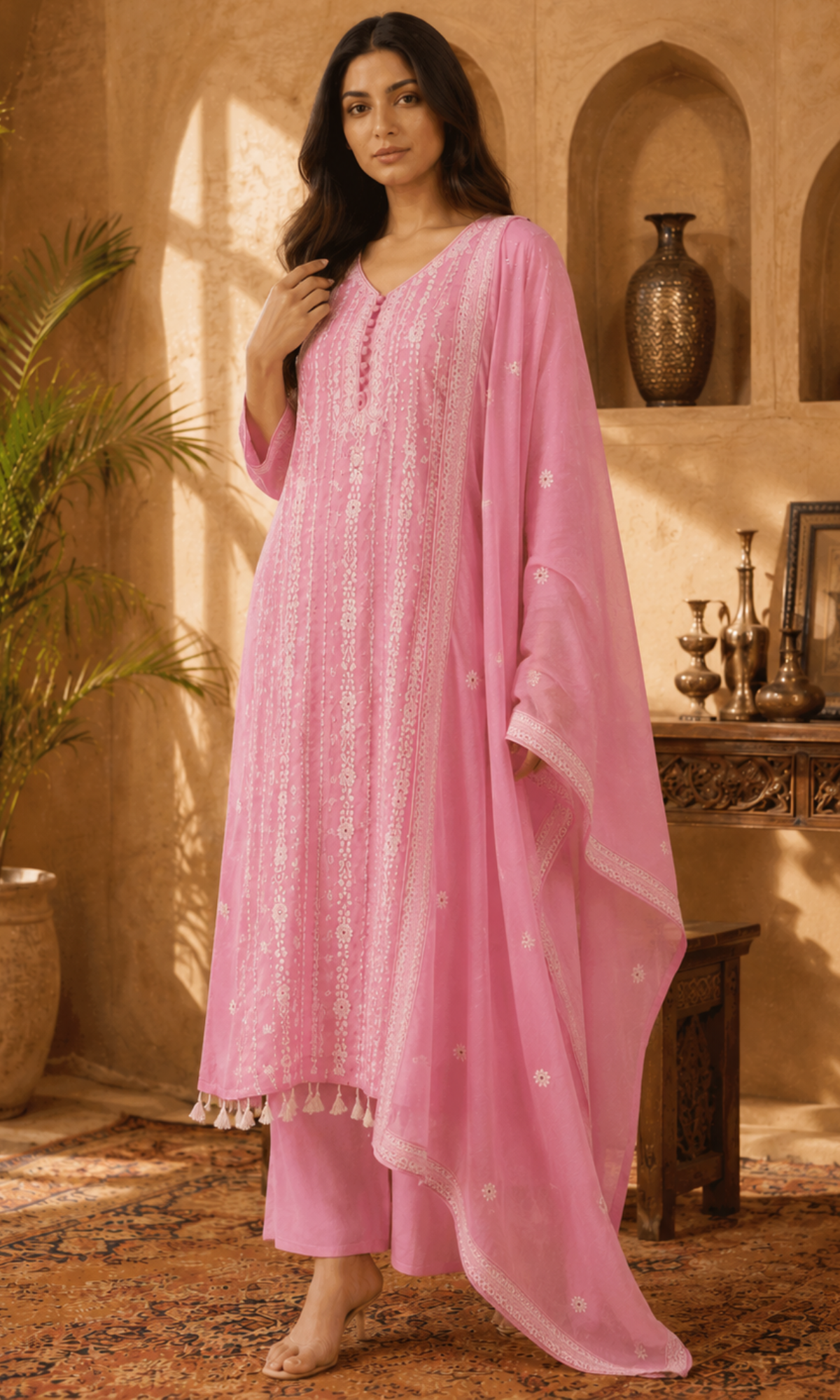 Pink Floral Embroidery Kurta Set