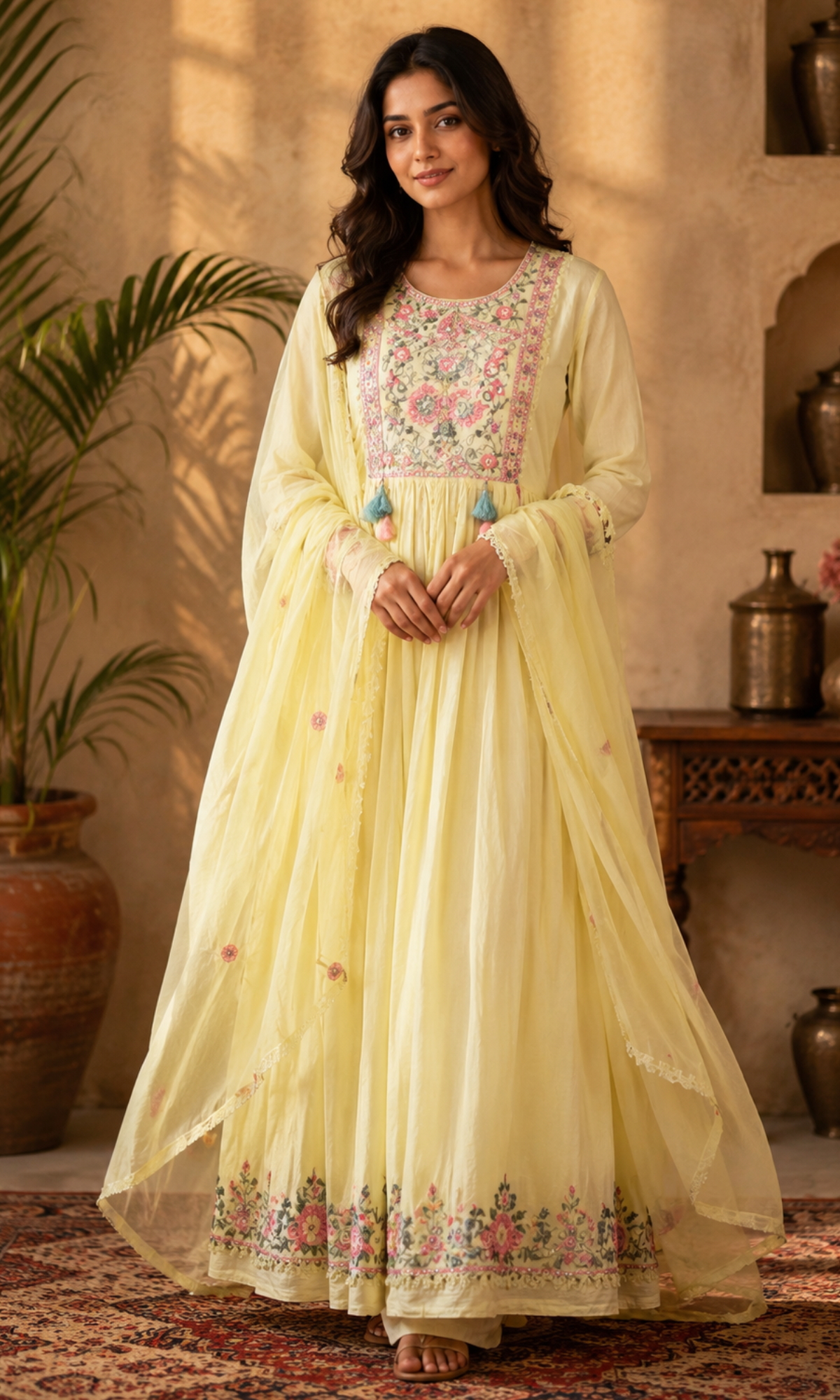Light Yellow Floral Embroidery Anarkali Kurta Set