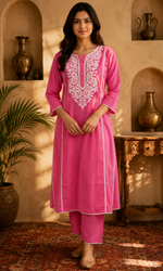 Pink Solid Embroidered Kurta Set