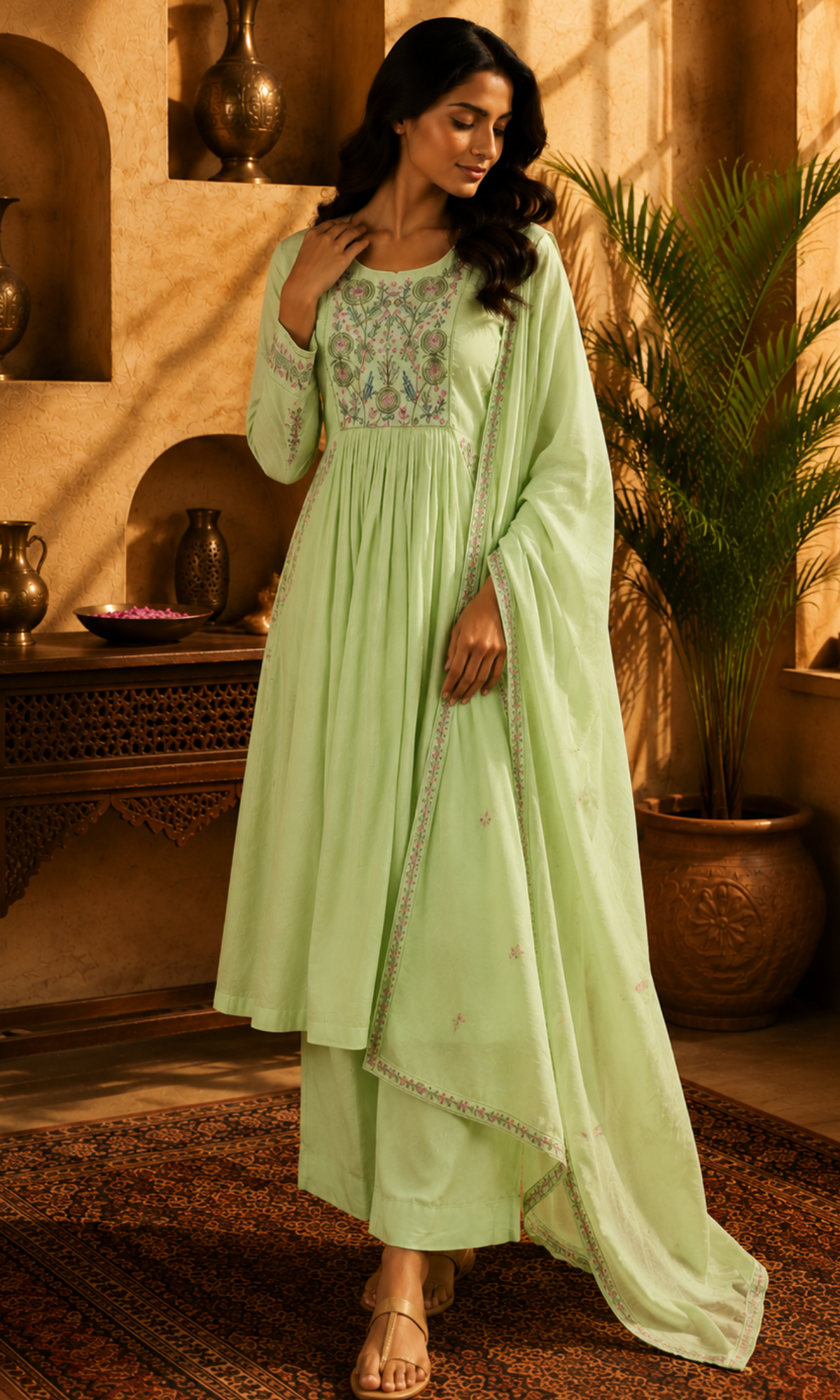Light GreenBlossom Embroidered Suit Set