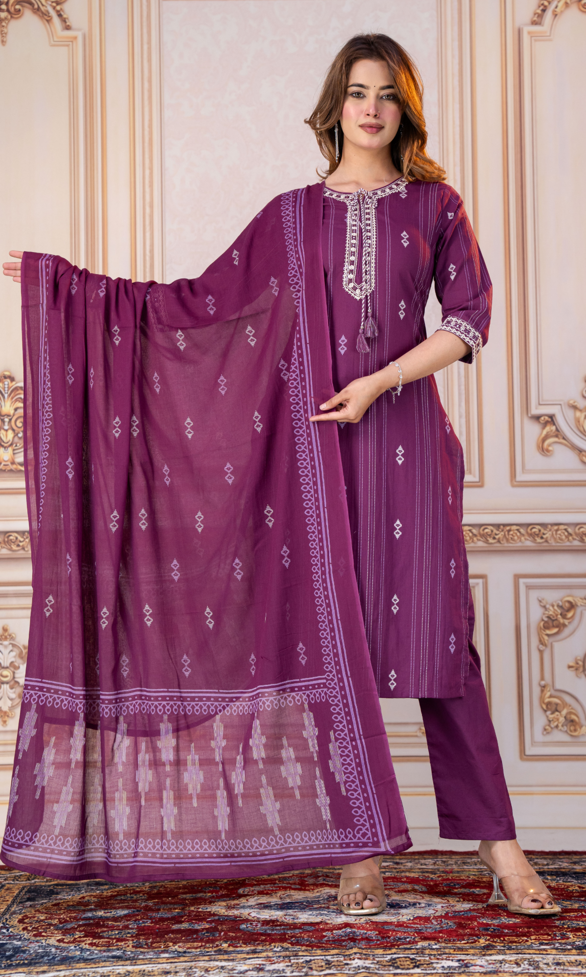 Maroon Embroidered Kurta Set