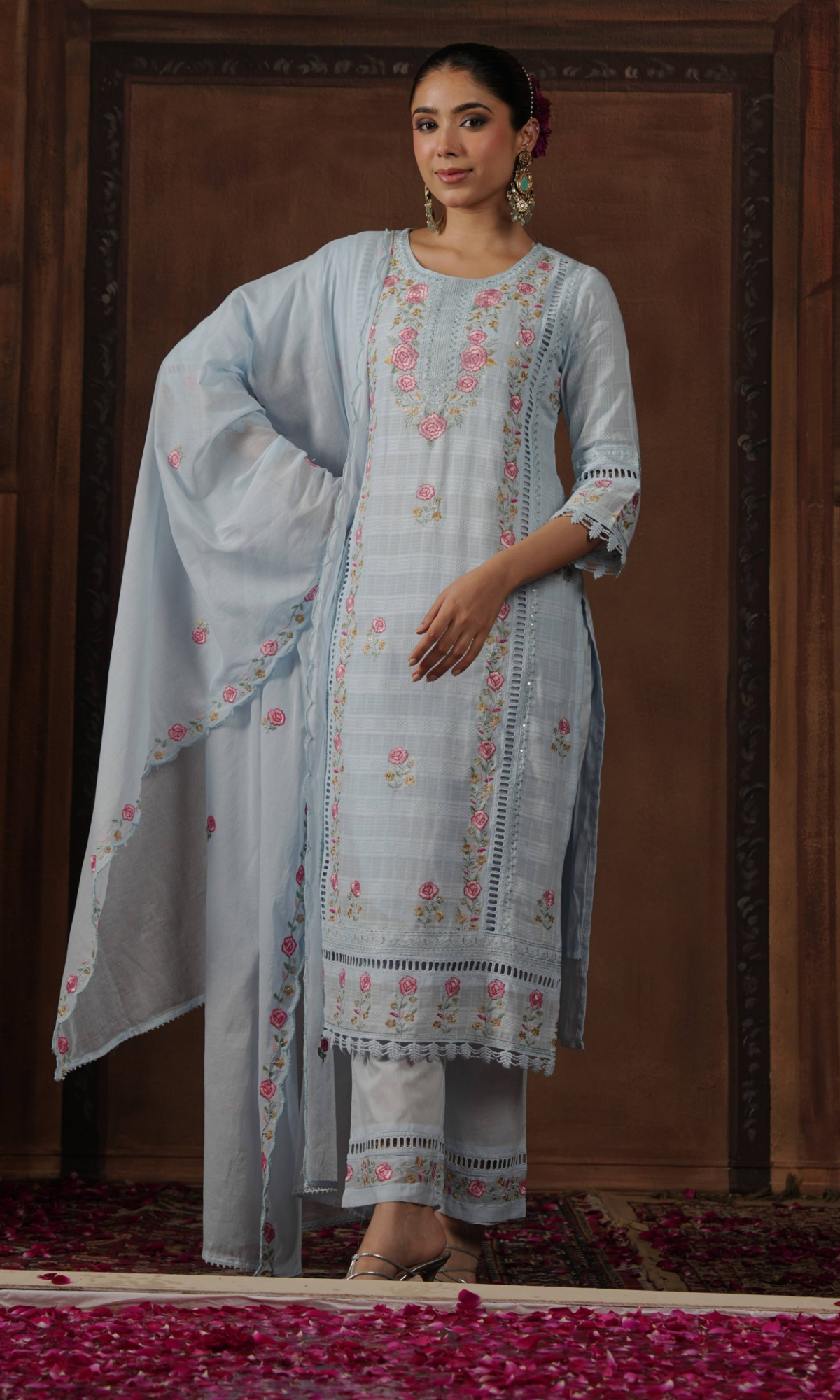 Powder Blue Floral Embroidered Kurta Set