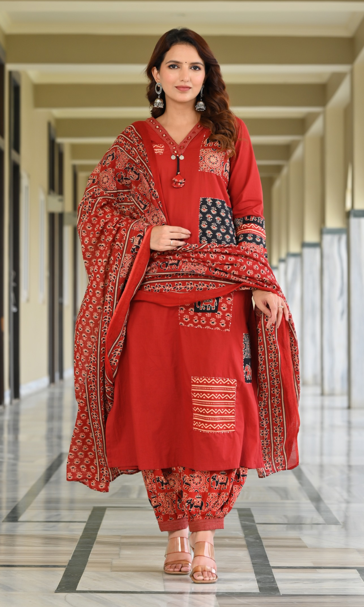 Red Patchwork Printed Kurta Set