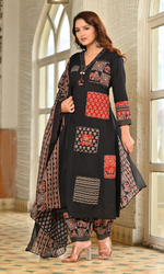 Black Patchwork Printed Kurta Set