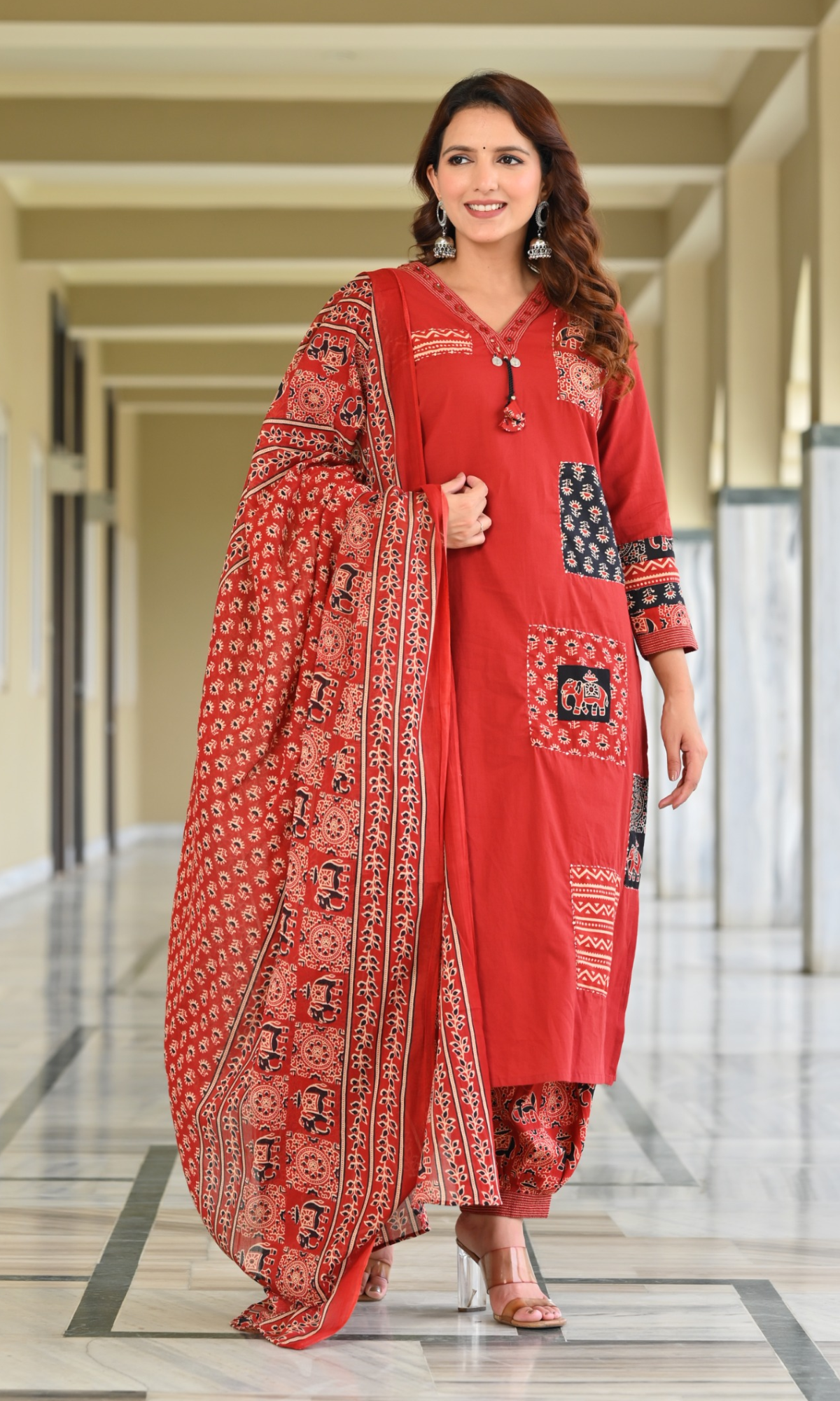 Red Patchwork Printed Kurta Set