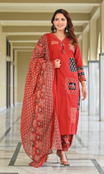 Red Patchwork Printed Kurta Set