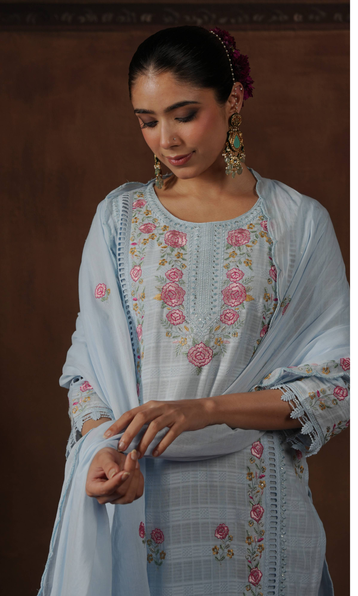 Powder Blue Floral Embroidered Kurta Set