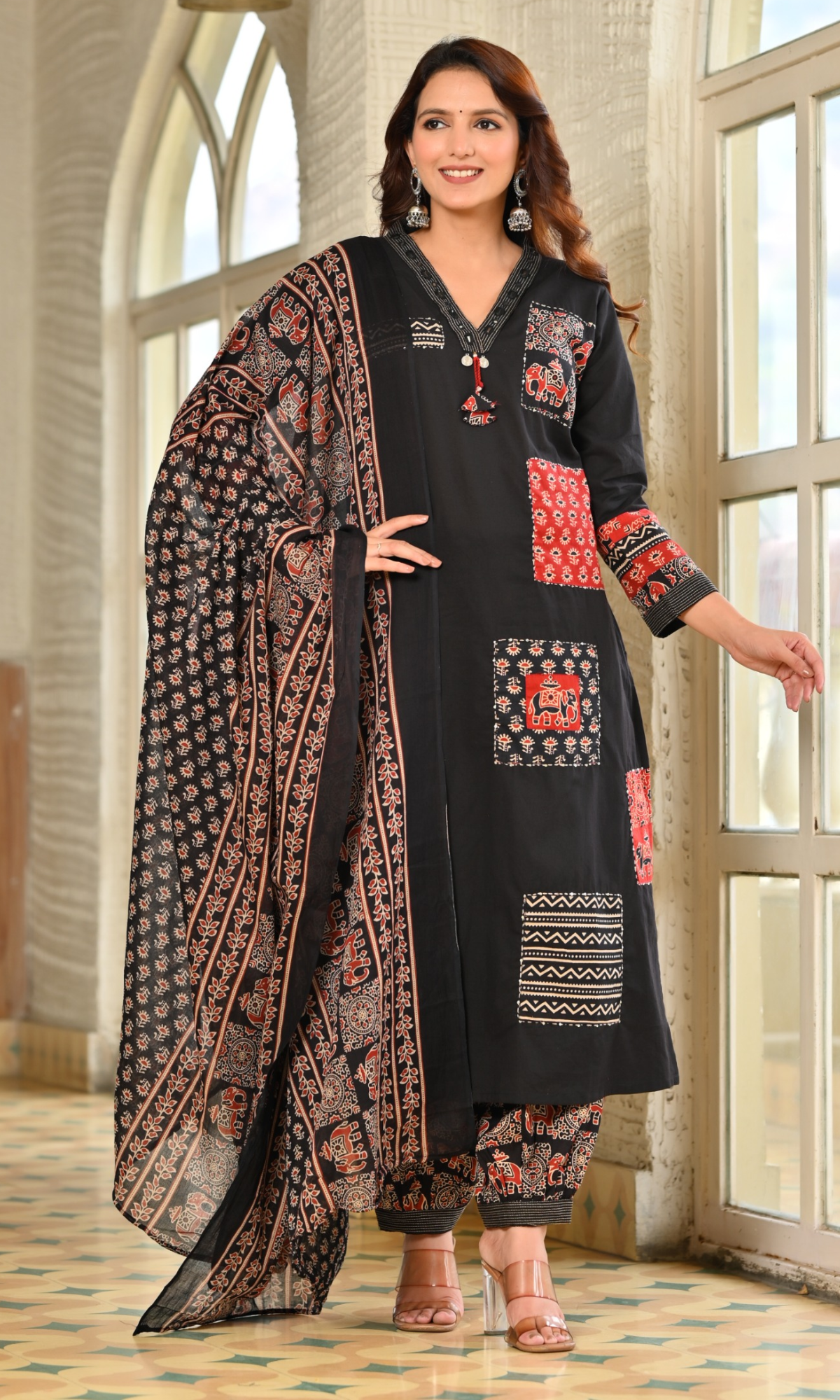 Black Patchwork Printed Kurta Set