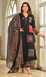 Black Patchwork Printed Kurta Set