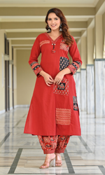 Red Patchwork Printed Kurta Set