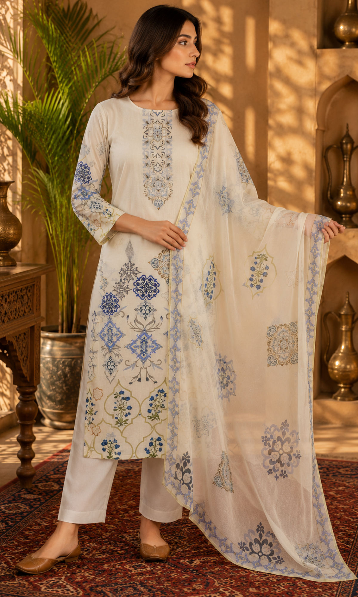 Ivory Floral Print Kurta Set