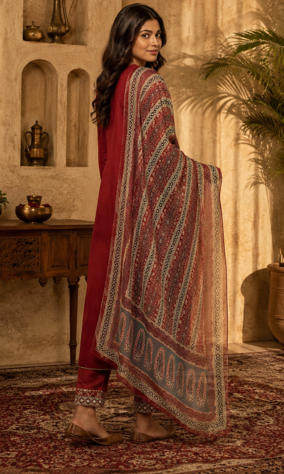Red embroidered Kurta Set