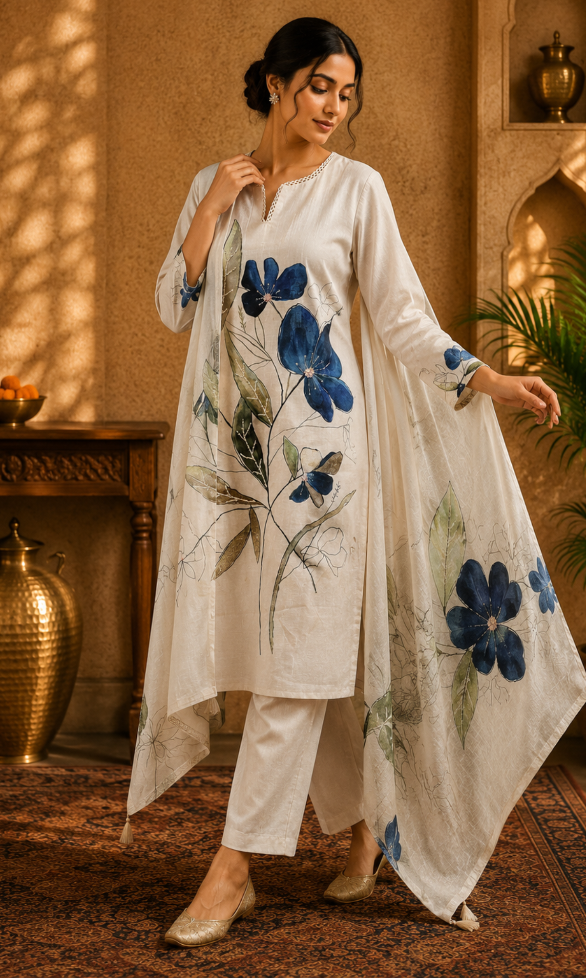 White Bloom Printed Suit Set