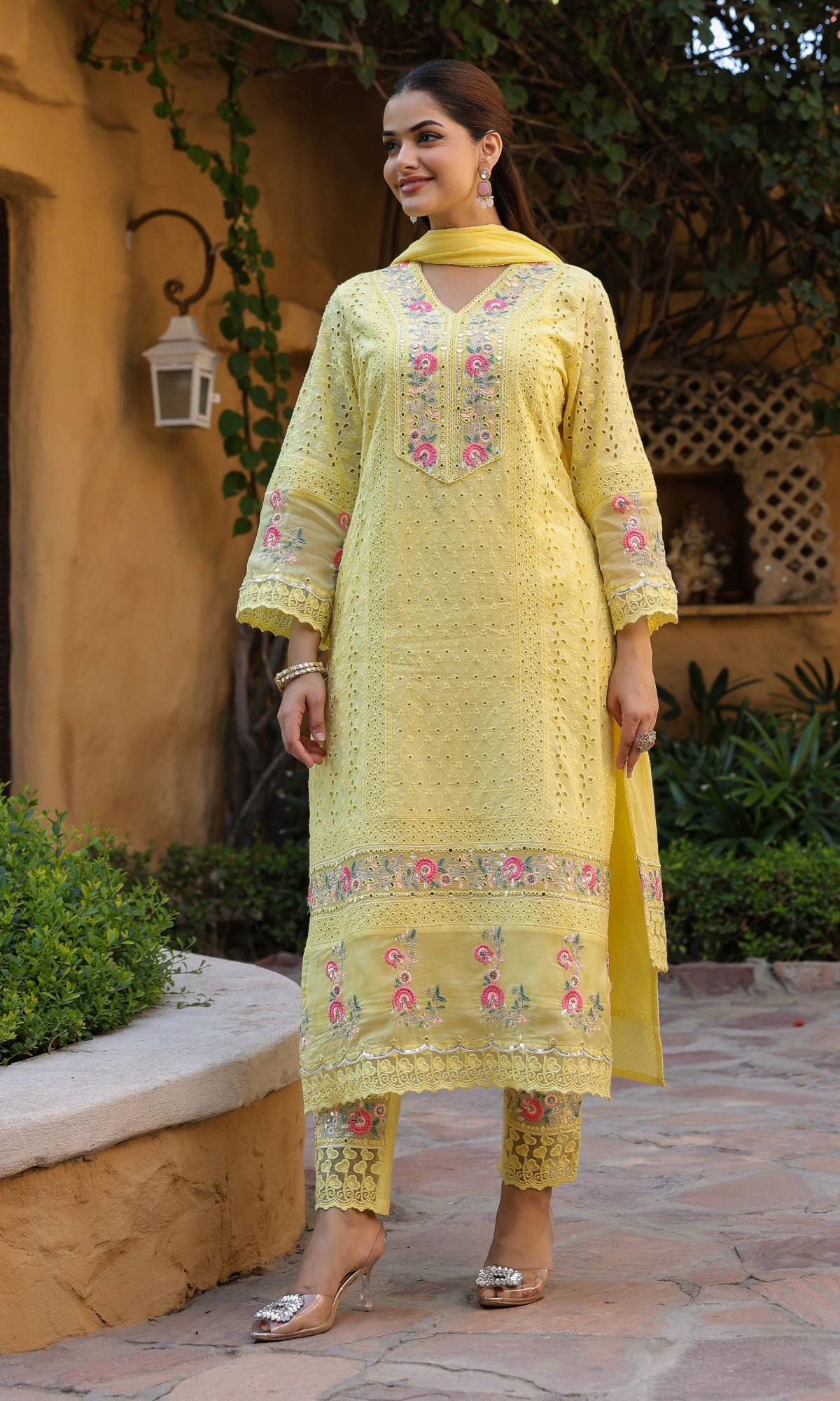 Yellow Floral Embroidered Kurta Set