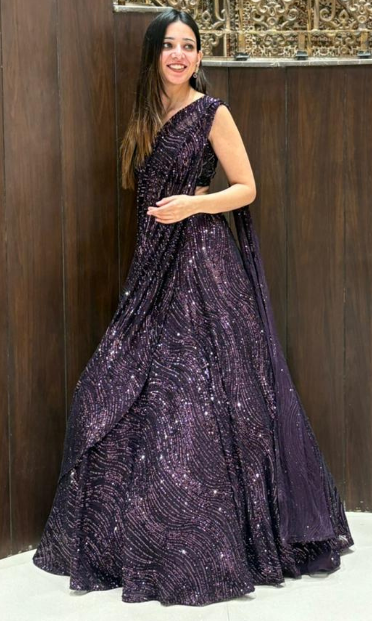 Wine Shimmer Draped Saree with Stitched blouse