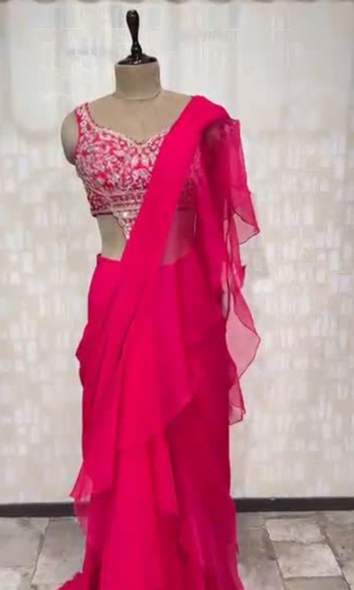 Pink Ruffle Saree With Embroidered Blouse